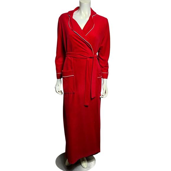 Vintage Red Velour Bathrobe with White Piping Classic Wrap Style Robe Small - Picture 2 of 13